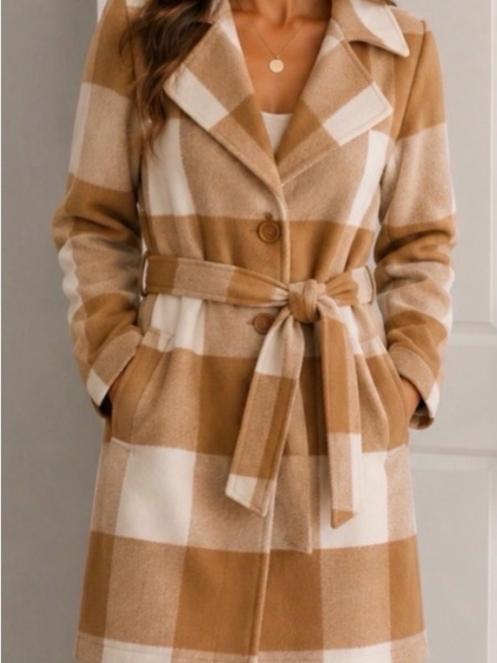 G by Giuliana Camel & Cream Plaid Belted Trench Coat